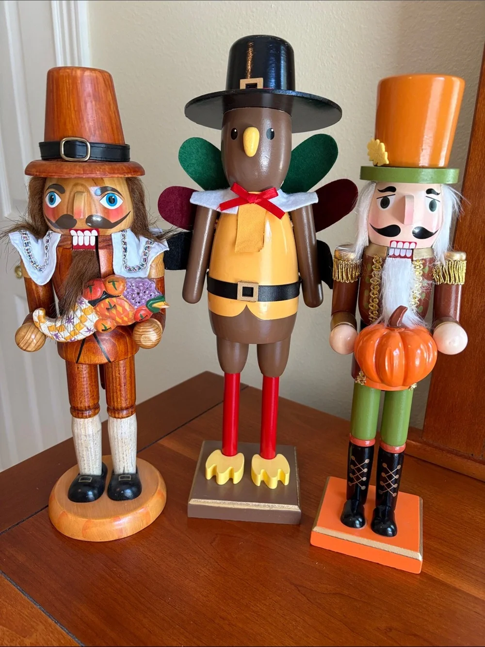 3 Wooden Fall Pumpkin Thanksgiving Turkey Pilgrim Wood Nutcrackers Farmhouse